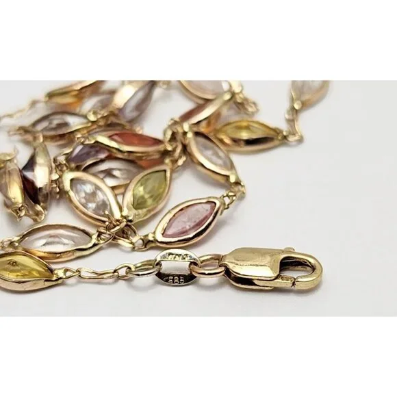 Unique 14K Solid Yellow Gold Multi Colored Gemstone Link Chain Necklace - 24" L